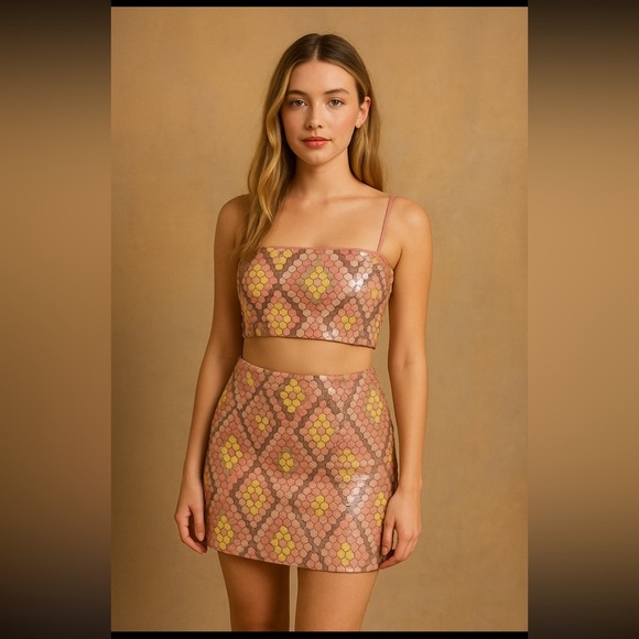 Caroline Constas Sequin Crop Top & Skirt Set Pink Geometric Party Womens size 10 - Picture 1 of 14